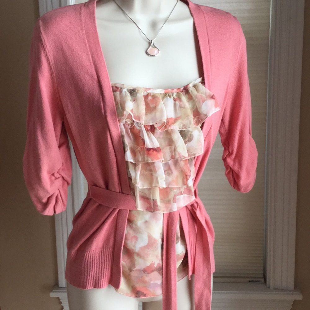 EUC Melon Cardigan w/attached ruffled insert